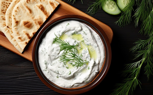 Greek Tzatziki dip with cucumber sour cream Greek yogurt lemon juice olive oil dill and Pita bread