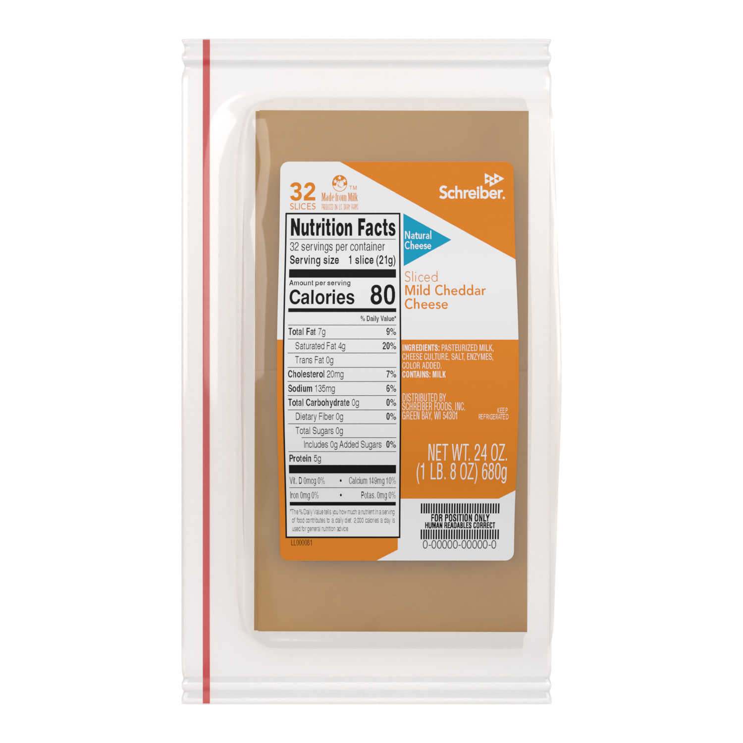 SCHREIBER MILD CHEDDAR SLICES - 6/1.5# 32 SLICES